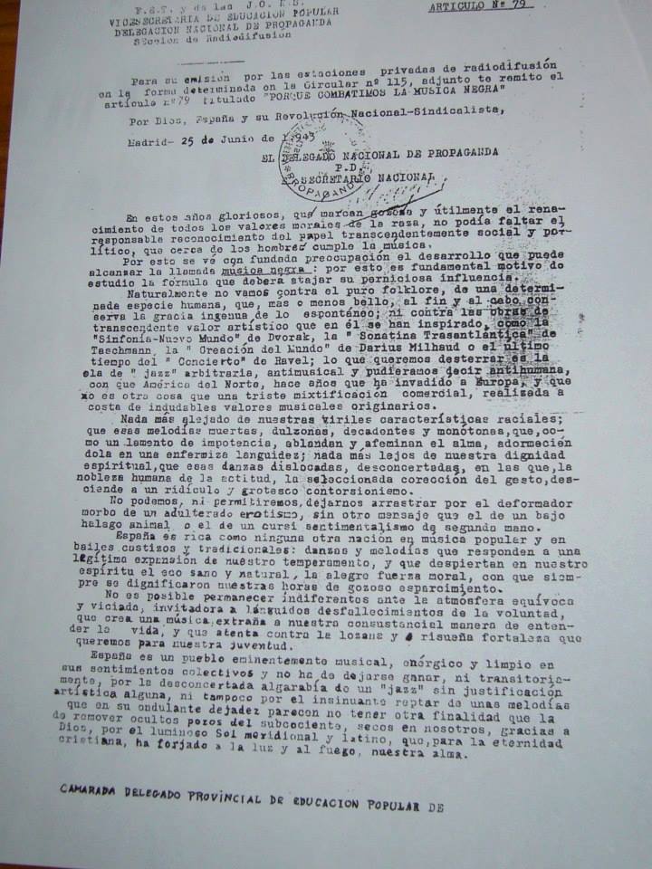 National Department of Propaganda of Francoist Spain Article 79 “Why We Fight Black Music” (1943)