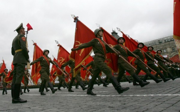Soldiers march during a World War Two victory parade in Red Square in Moscow